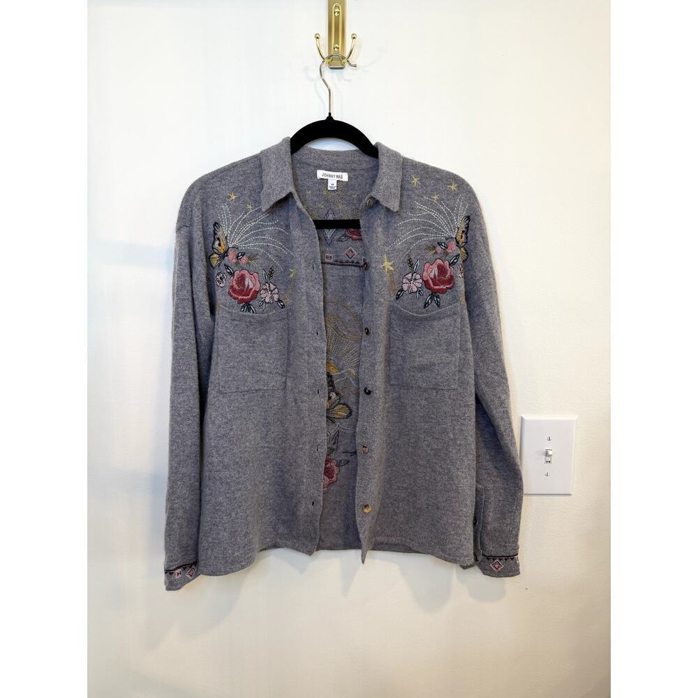 Johnny Was Cashmere Embroidered Cardigan XS Gray Floral Butterfly Sweater